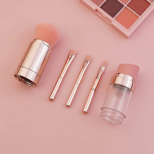 5-in-1 Portable Retractable Makeup Brush Set – Compact Cosmetic Tools for Foundation, Eyebrows, Lips, Eyeshadow & Powder 💄✨