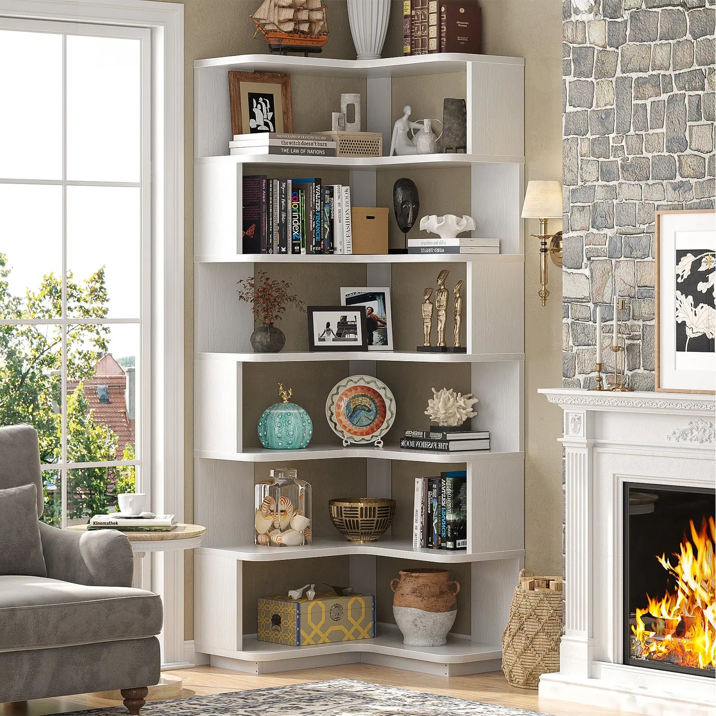 Corner Wooden Bookshelf, Freestanding L-Shaped Bookcase with Baffle, Sturdy Display Shelf Stand Furniture with Shelves for Home Office,Living Room, Bedroom