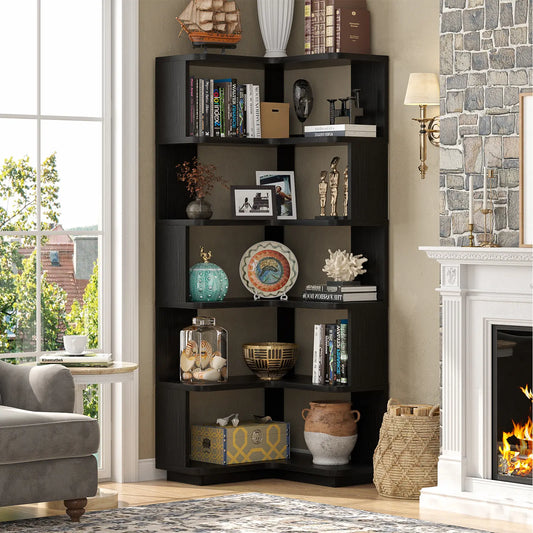 Corner Wooden Bookshelf, Freestanding L-Shaped Bookcase with Baffle, Sturdy Display Shelf Stand Furniture with Shelves for Home Office,Living Room, Bedroom