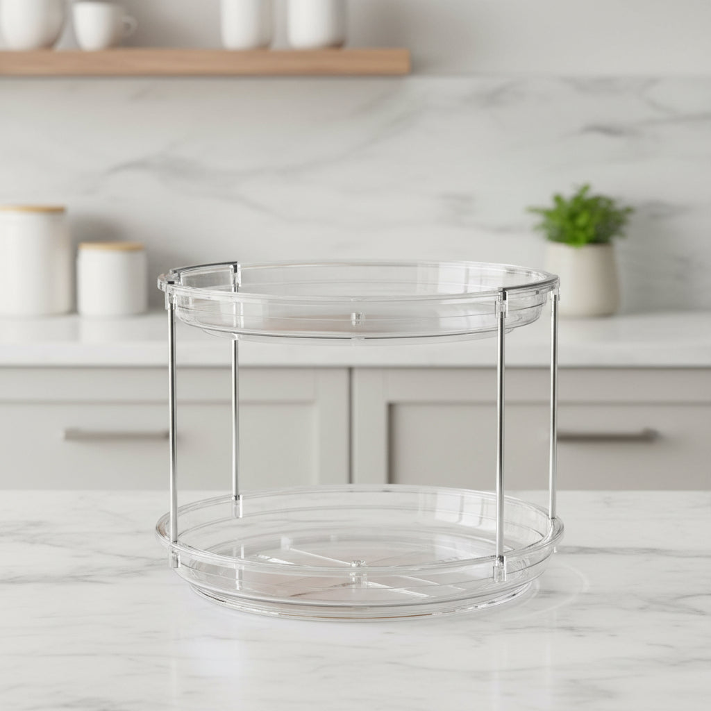 2 Tier Lazy Susan Turntable Organizer 9.25'' Rotating Spice Rack Organization for Cabinet, Kitchen, Pantry, Countertop, Bathroom, Vanity, Medicine Cabinet Organizer, Clear