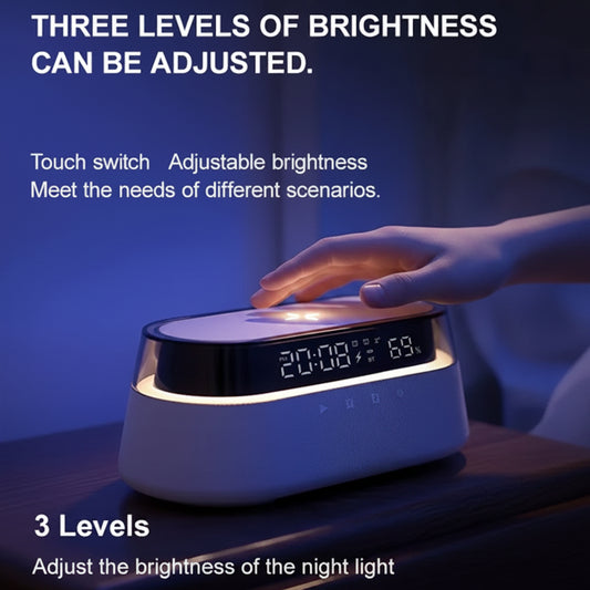 6-In-1 Smart Alarm Clock - 15W Wireless Charger, Bluetooth Speaker, FM Radio, Dual Alarm, USB Charger & RGB Night Light