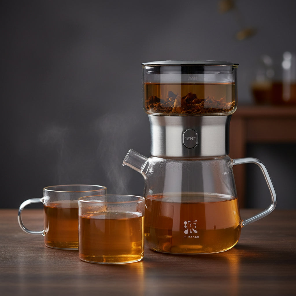 ZENS Modern Borosilicate Glass Teapot with One-Touch Infuser for Loose Leaf Tea Insulated Mug Portable Tea Kit for Office Travel Ideal Gift for Tea Lovers - Wooden