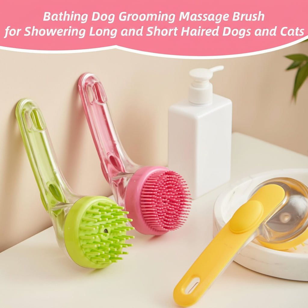 Dog Bath Brush, 2 in 1 Pet Grooming Bath Massage Brush with Soap and Shampoo Dispenser Soft Silicone Bristle Dog Scrubber for Long Short Haired Dogs Cats Shower-Yellow