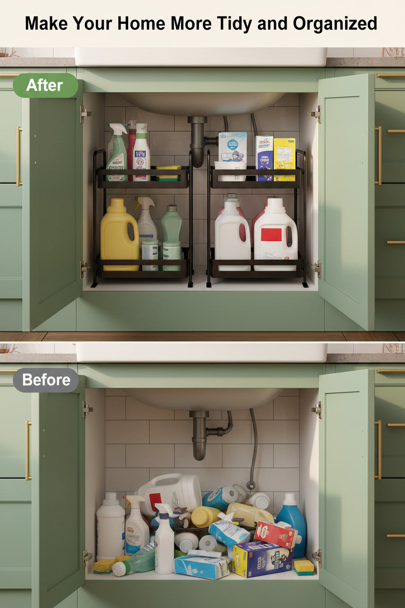 under Sink Organizer, 2 Tier under the Sink Storage, Slide Out Pull Out Cabinet Organizer Shelf, Metal Sliding Drawer for Kitchen Bathroom Pantry Closet Organization Rack, Black, 2 Pack