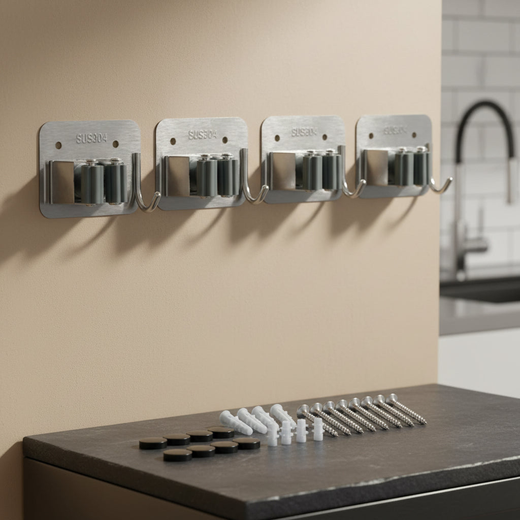 Broom Mop Holder with Hooks Wall Mounted Broom Storage Rack No Drilling Self-Adhesive Mop Broom Organizer for Bathroom