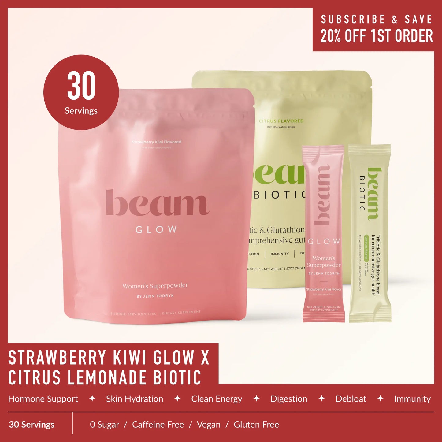 Beam Glow + Biotic Duo — 30 Single-Serve Sticks for Hormone Balance & Gut Health (Strawberry Kiwi + Mixed Berry)