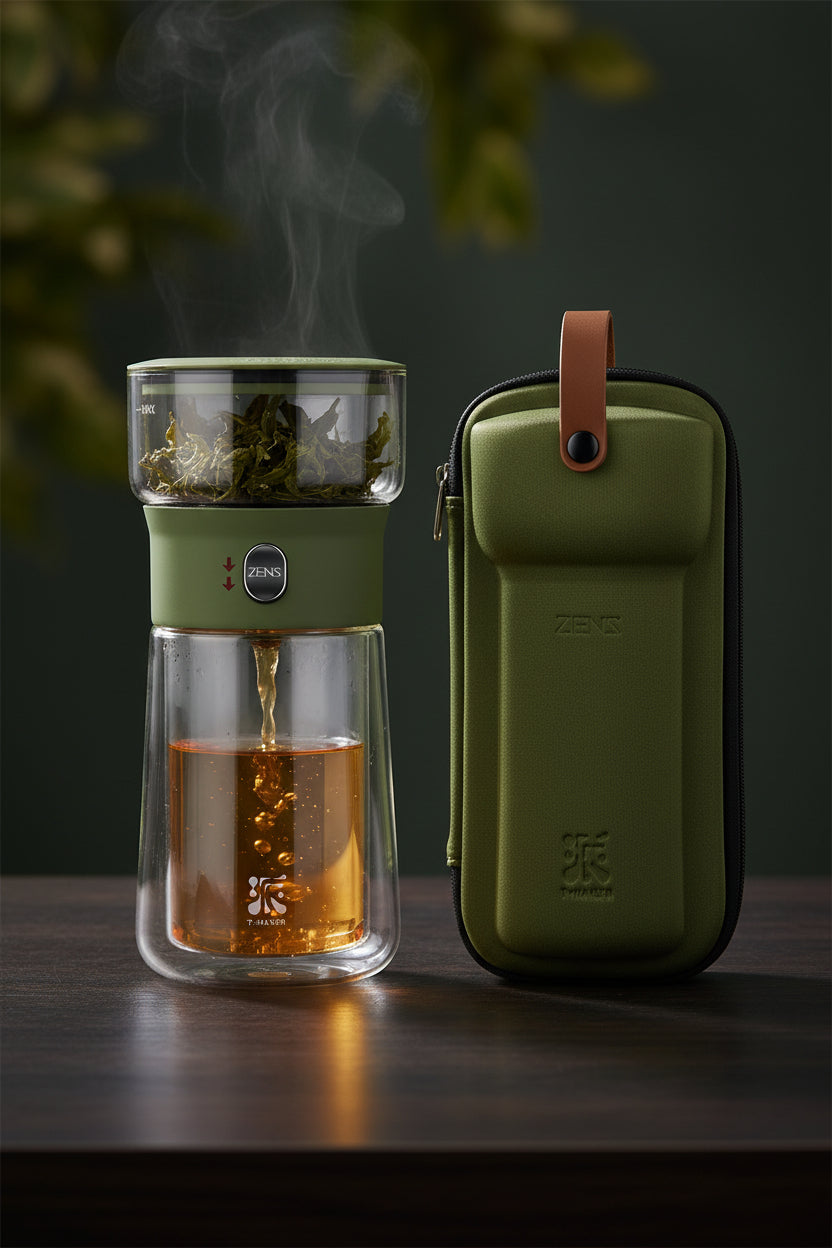 ZENS Modern Borosilicate Glass Teapot with One-Touch Infuser for Loose Leaf Tea Insulated Mug Portable Tea Kit for Office Travel Ideal Gift for Tea Lovers - Wooden