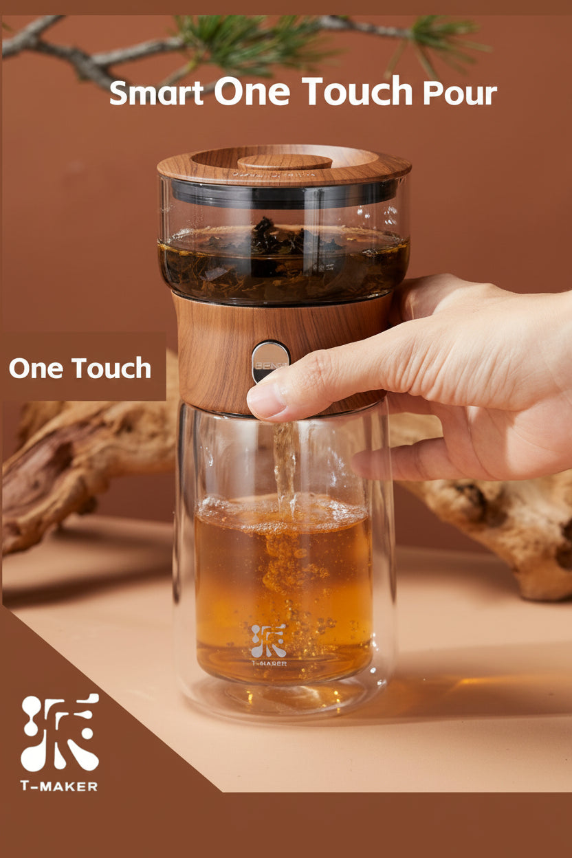 ZENS Modern Borosilicate Glass Teapot with One-Touch Infuser for Loose Leaf Tea Insulated Mug Portable Tea Kit for Office Travel Ideal Gift for Tea Lovers - Wooden