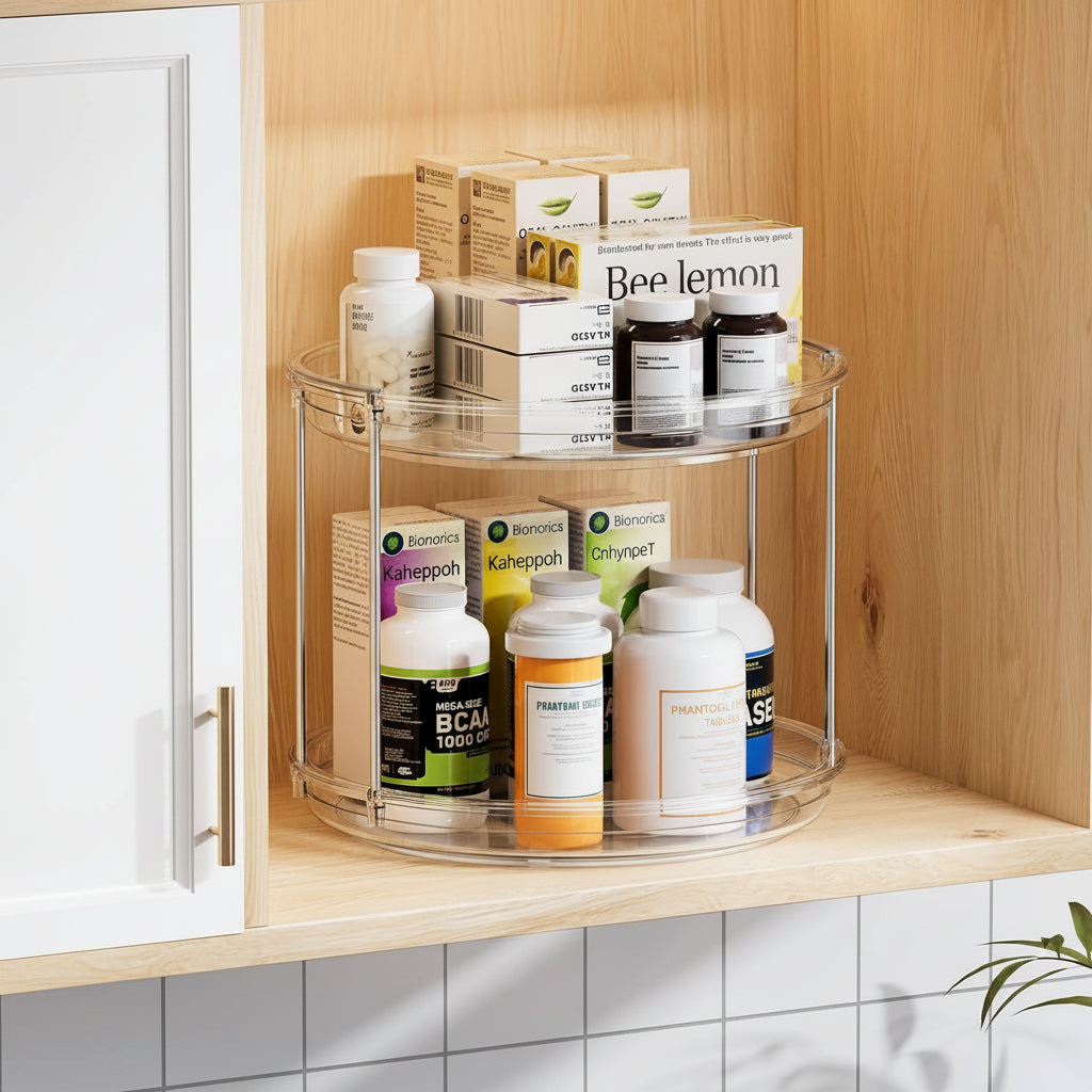 2 Tier Lazy Susan Turntable Organizer 9.25'' Rotating Spice Rack Organization for Cabinet, Kitchen, Pantry, Countertop, Bathroom, Vanity, Medicine Cabinet Organizer, Clear