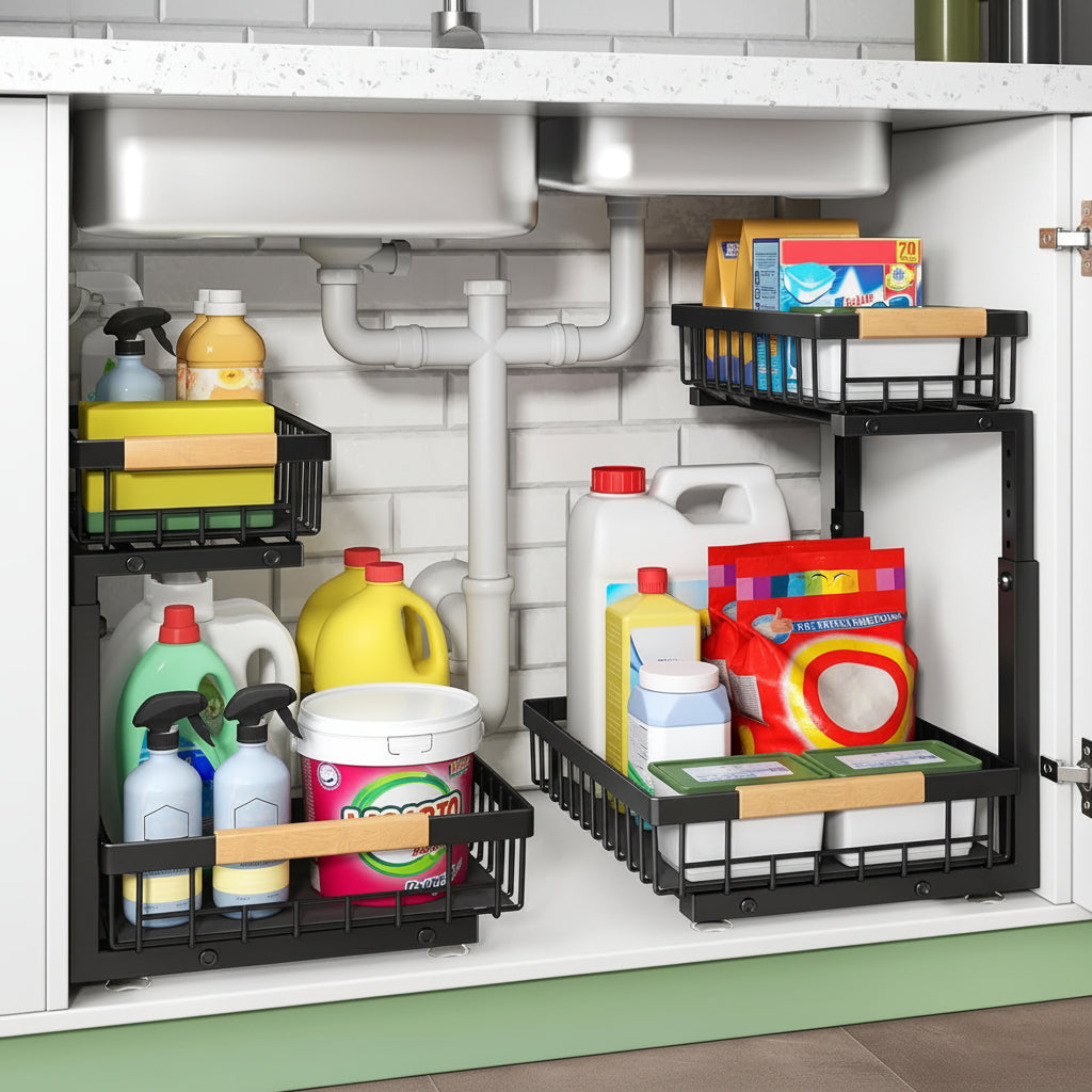 under Sink Organizer, 2 Tier under the Sink Storage, Slide Out Pull Out Cabinet Organizer Shelf, Metal Sliding Drawer for Kitchen Bathroom Pantry Closet Organization Rack, Black, 2 Pack