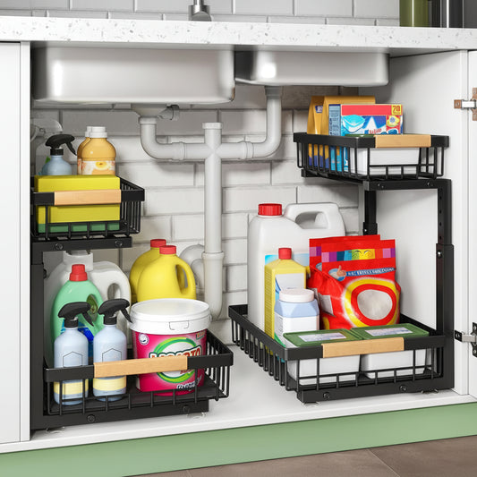under Sink Organizer, 2 Tier under the Sink Storage, Slide Out Pull Out Cabinet Organizer Shelf, Metal Sliding Drawer for Kitchen Bathroom Pantry Closet Organization Rack, Black, 2 Pack