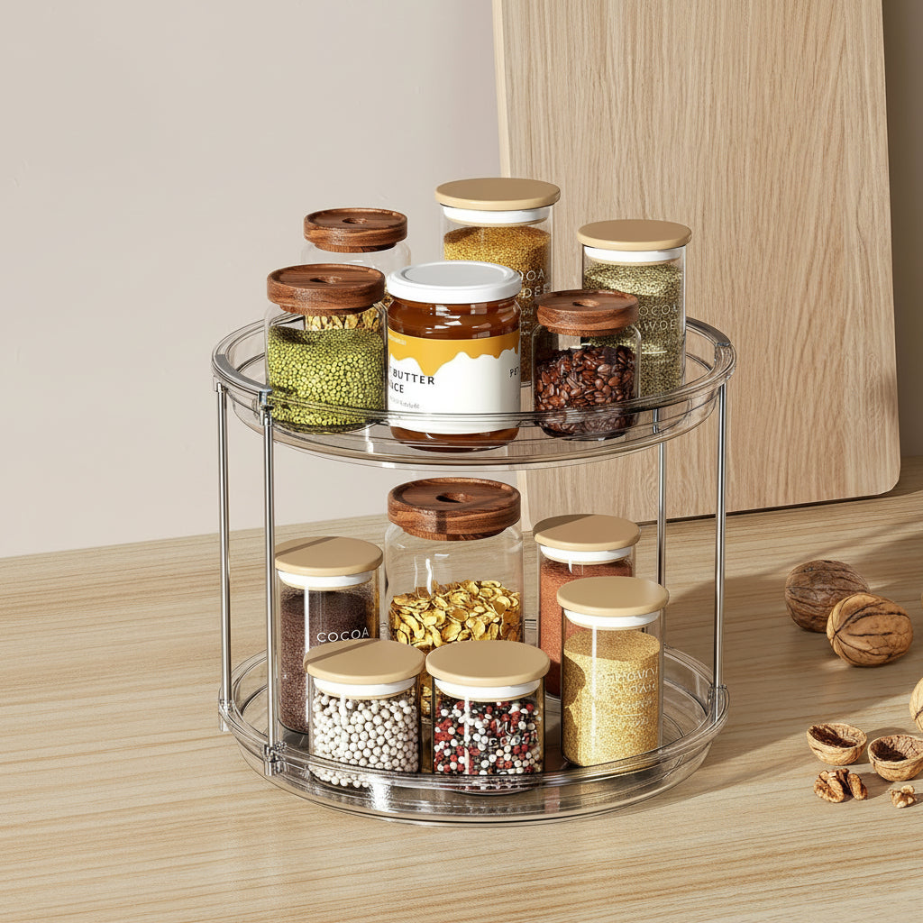 2 Tier Lazy Susan Turntable Organizer 9.25'' Rotating Spice Rack Organization for Cabinet, Kitchen, Pantry, Countertop, Bathroom, Vanity, Medicine Cabinet Organizer, Clear
