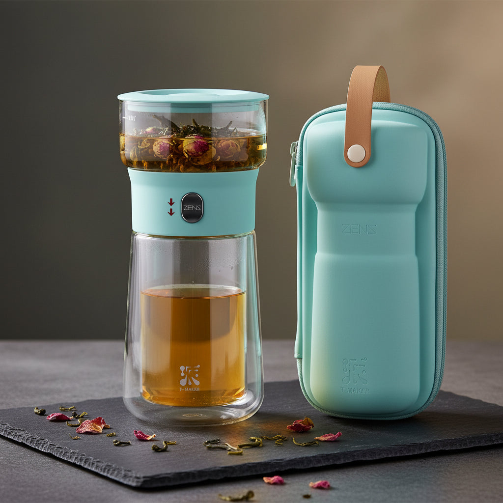 ZENS Modern Borosilicate Glass Teapot with One-Touch Infuser for Loose Leaf Tea Insulated Mug Portable Tea Kit for Office Travel Ideal Gift for Tea Lovers - Wooden