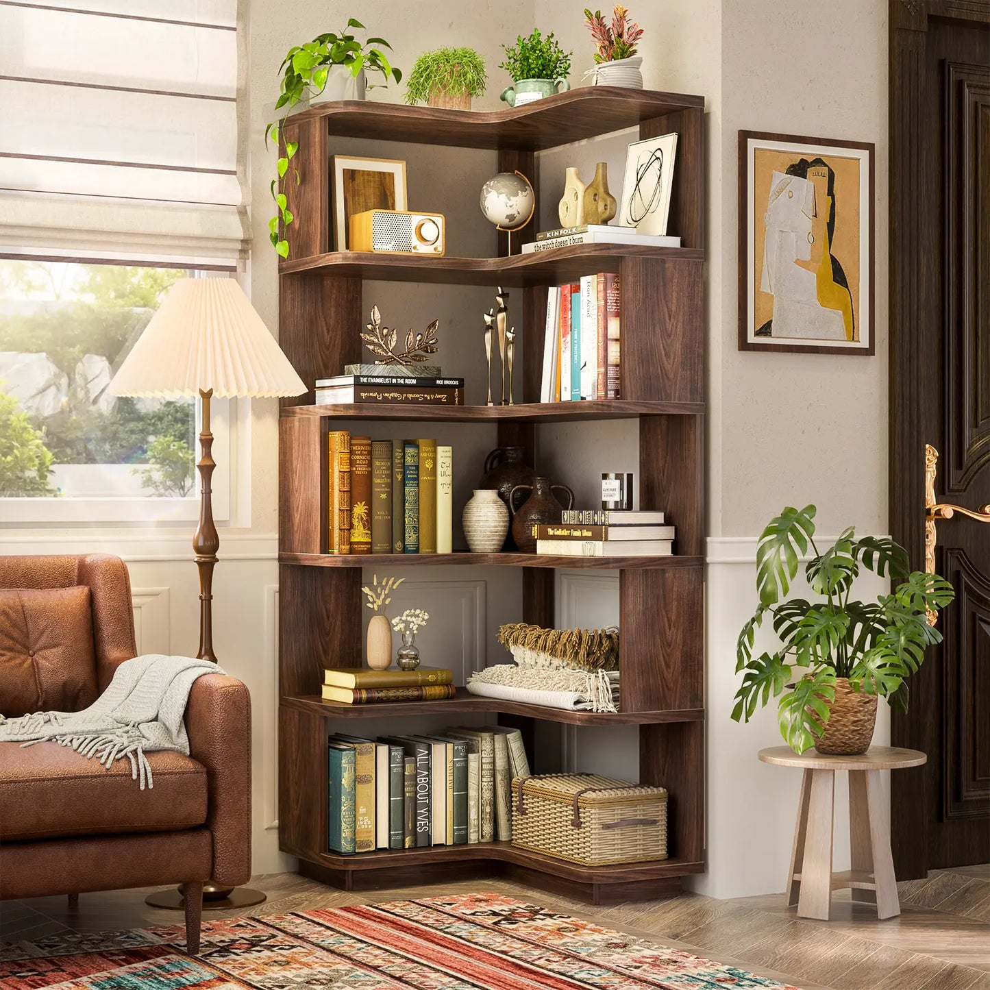 Corner Wooden Bookshelf, Freestanding L-Shaped Bookcase with Baffle, Sturdy Display Shelf Stand Furniture with Shelves for Home Office,Living Room, Bedroom