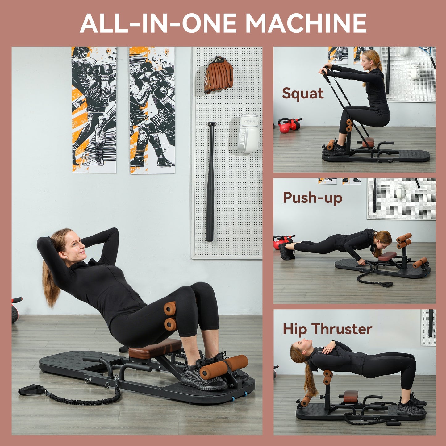 Foldable Sissy Squat Machine, Hip Thrust Machine with Push up Stand, Multipurpose Glute Workout Equipment, Black