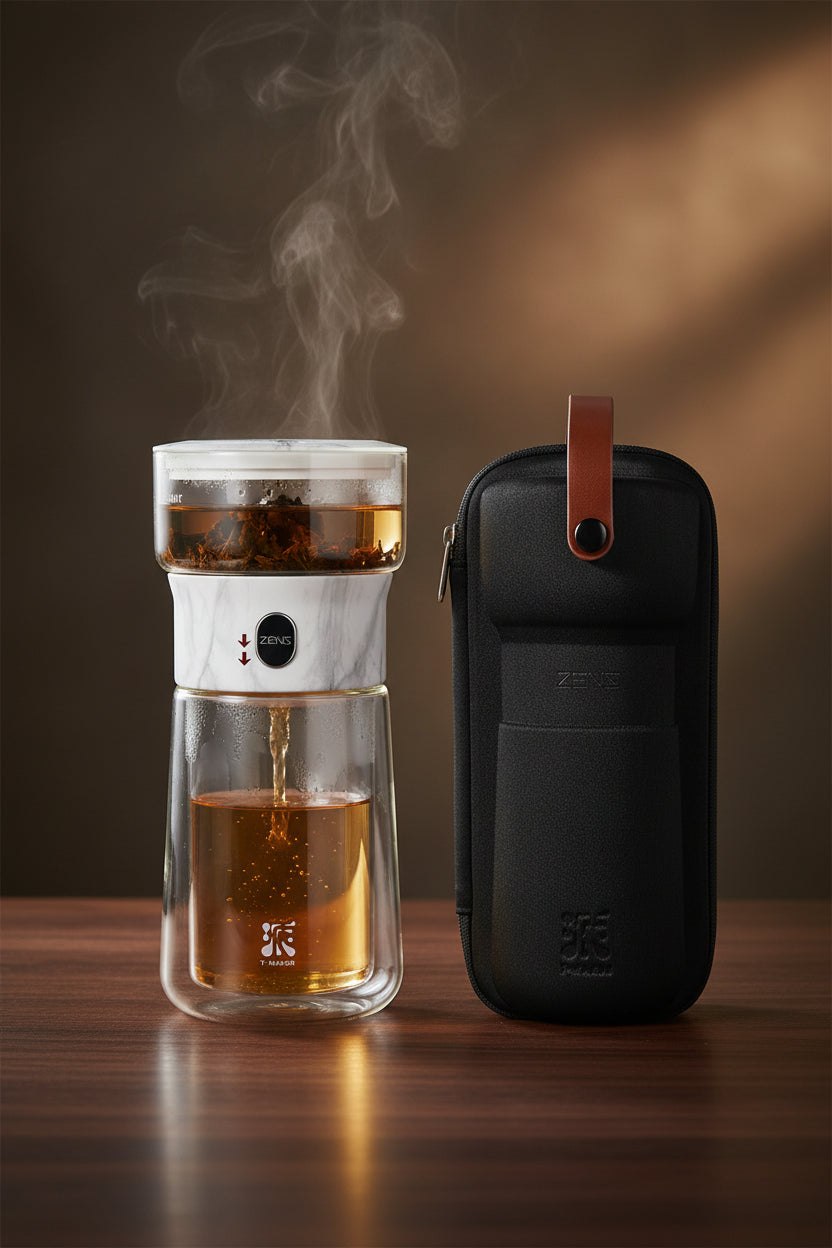 ZENS Modern Borosilicate Glass Teapot with One-Touch Infuser for Loose Leaf Tea Insulated Mug Portable Tea Kit for Office Travel Ideal Gift for Tea Lovers - Wooden