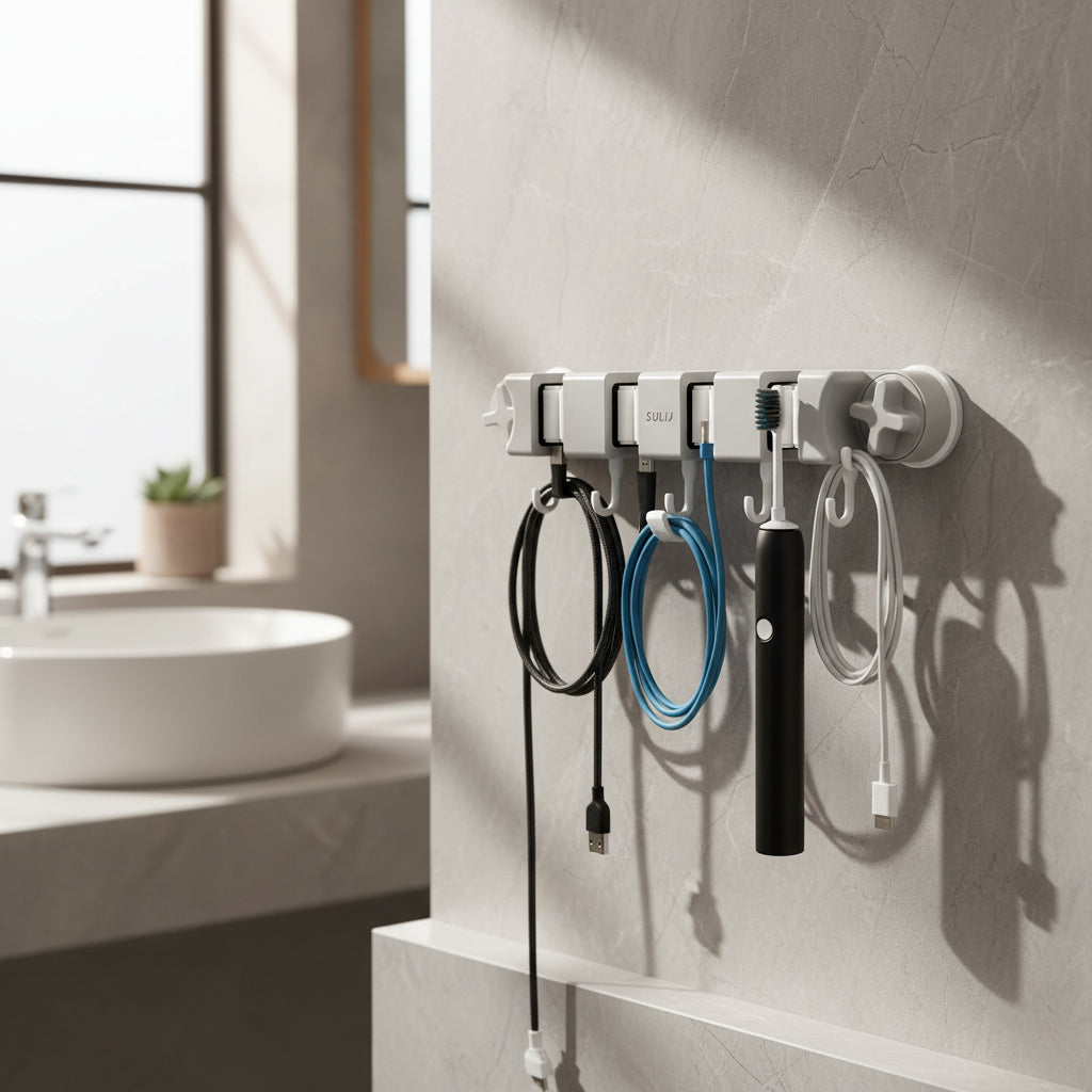 Broom Mop Holder with Hooks Wall Mounted Broom Storage Rack No Drilling Self-Adhesive Mop Broom Organizer for Bathroom
