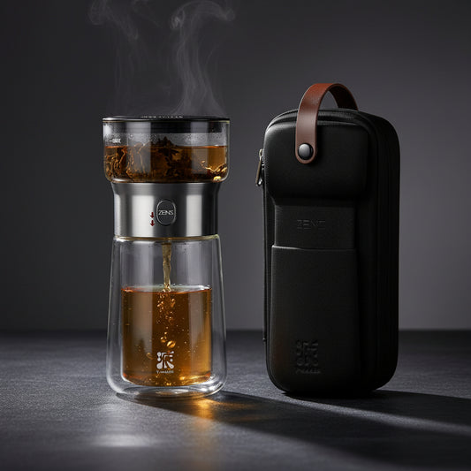 ZENS Modern Borosilicate Glass Teapot with One-Touch Infuser for Loose Leaf Tea Insulated Mug Portable Tea Kit for Office Travel Ideal Gift for Tea Lovers - Wooden
