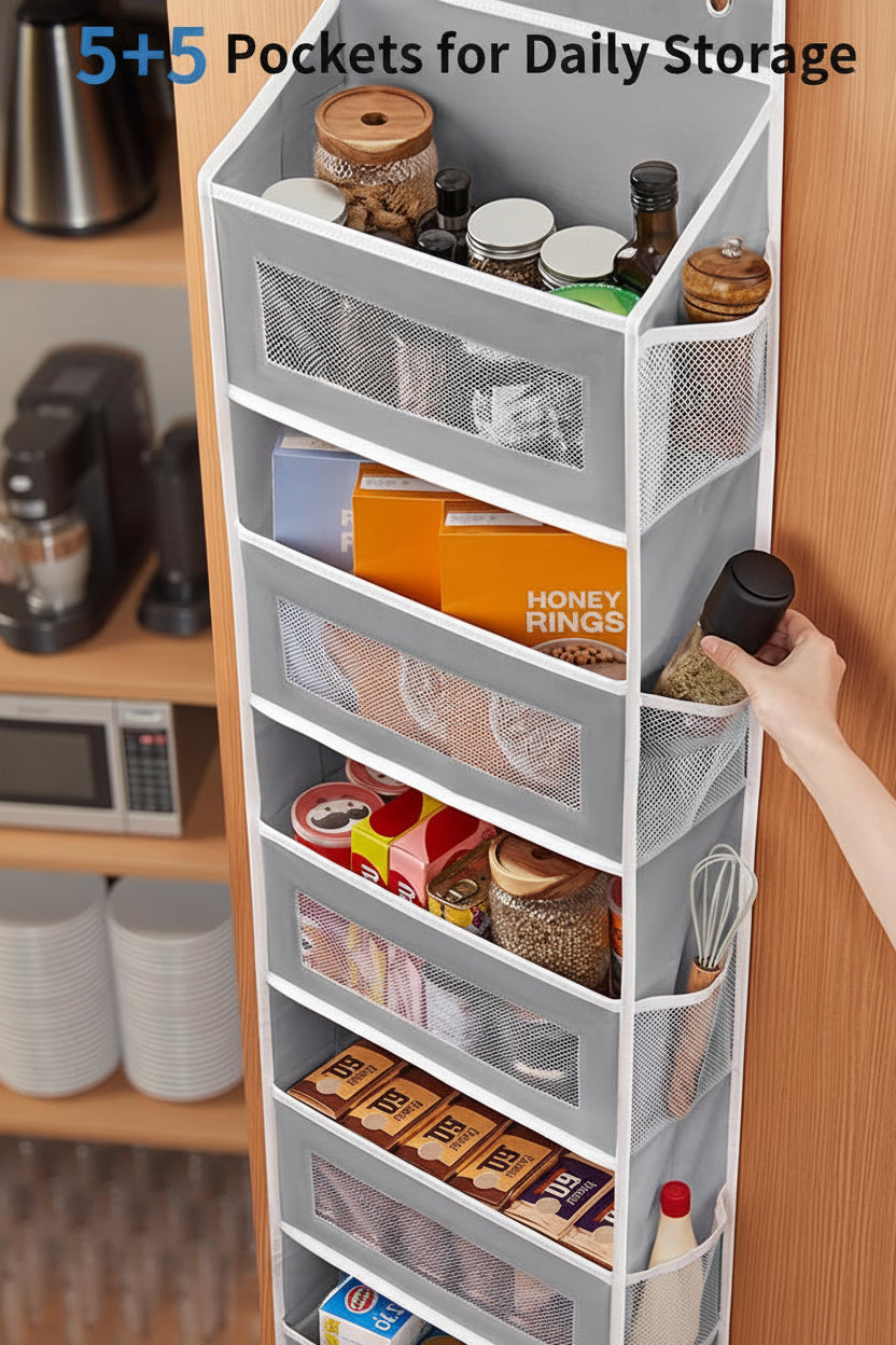 over the Door Organizer Storage, 5 Shelf Hanging Door Organizer with 5 Large Capacity Pockets, anti Tilt 44 Lb Load behind Door Storage for Bedroom, Bathroom, Pantry, Nursery, (Grey)