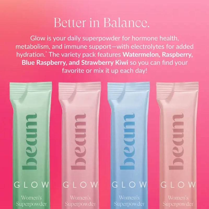 Beam Glow + Biotic Duo — 30 Single-Serve Sticks for Hormone Balance & Gut Health (Strawberry Kiwi + Mixed Berry)