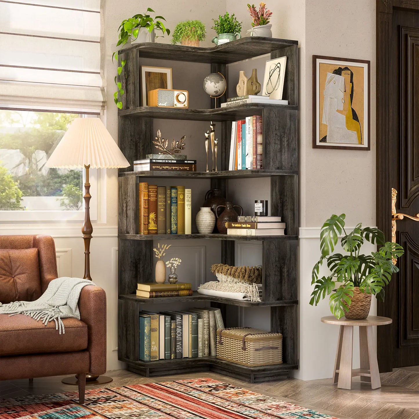 Corner Wooden Bookshelf, Freestanding L-Shaped Bookcase with Baffle, Sturdy Display Shelf Stand Furniture with Shelves for Home Office,Living Room, Bedroom