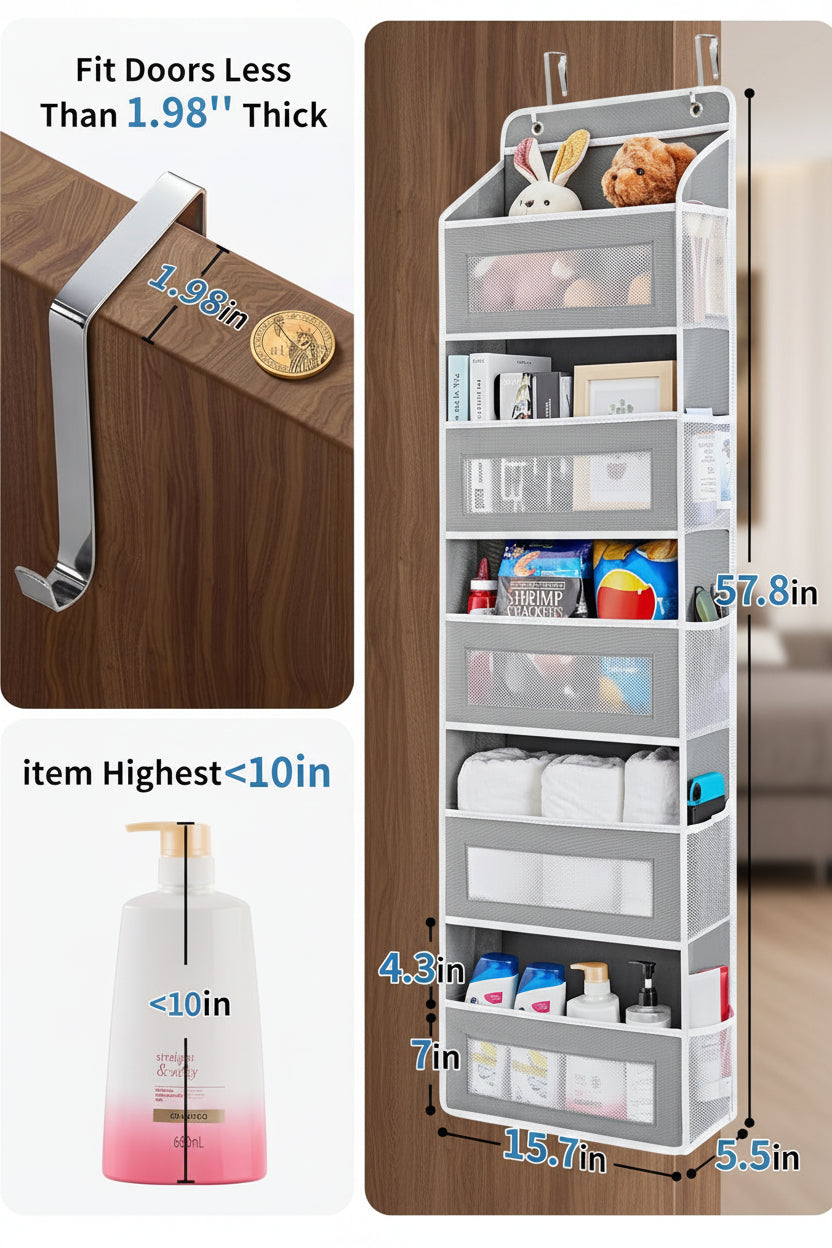 over the Door Organizer Storage, 5 Shelf Hanging Door Organizer with 5 Large Capacity Pockets, anti Tilt 44 Lb Load behind Door Storage for Bedroom, Bathroom, Pantry, Nursery, (Grey)