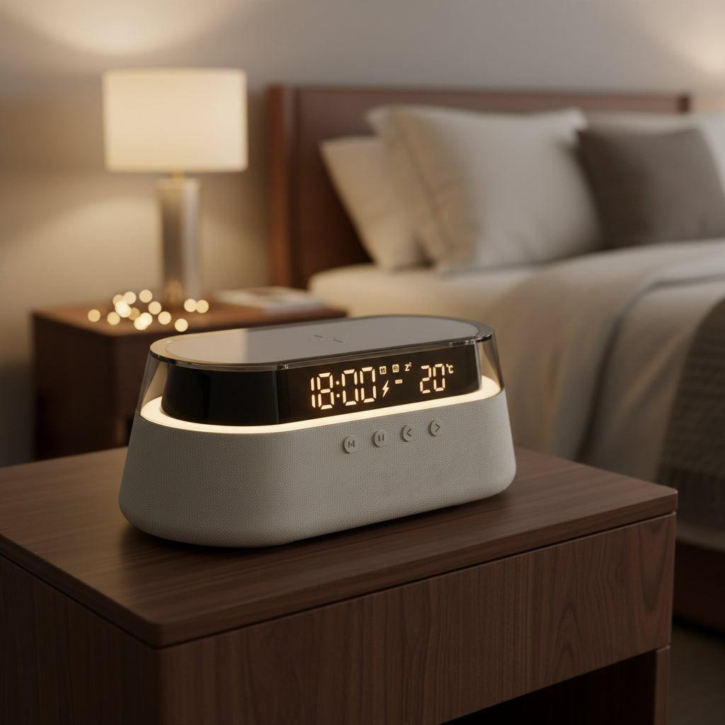 6-In-1 Smart Alarm Clock - 15W Wireless Charger, Bluetooth Speaker, FM Radio, Dual Alarm, USB Charger & RGB Night Light