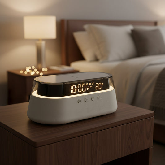 6-In-1 Smart Alarm Clock - 15W Wireless Charger, Bluetooth Speaker, FM Radio, Dual Alarm, USB Charger & RGB Night Light