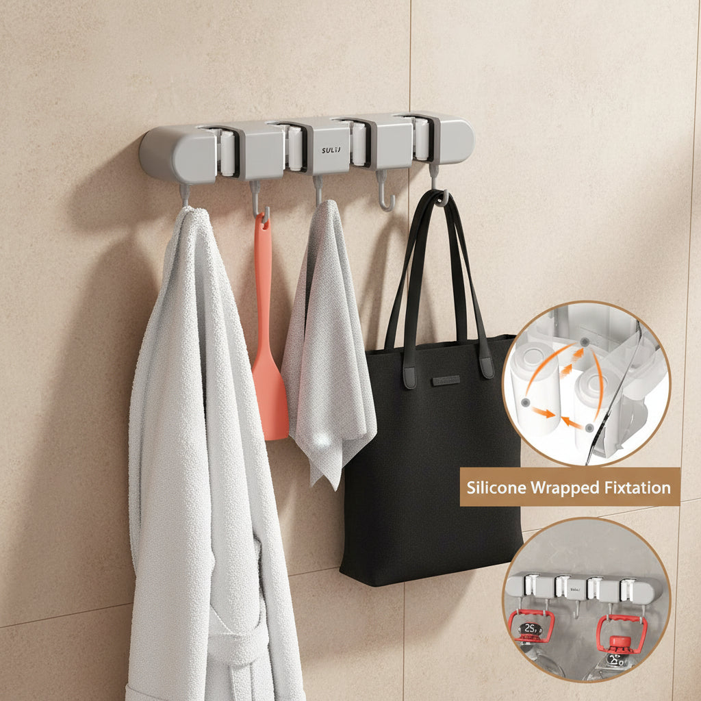 Broom Mop Holder with Hooks Wall Mounted Broom Storage Rack No Drilling Self-Adhesive Mop Broom Organizer for Bathroom