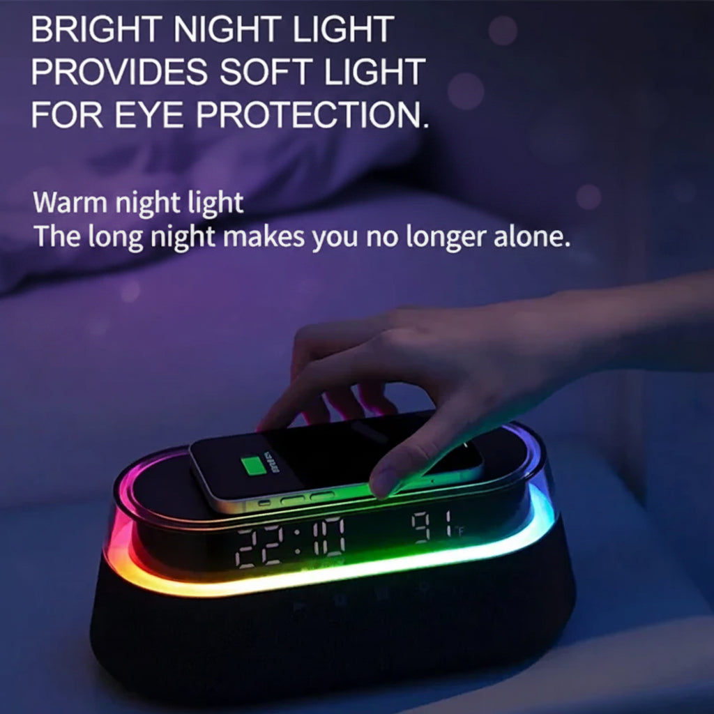 6-In-1 Smart Alarm Clock - 15W Wireless Charger, Bluetooth Speaker, FM Radio, Dual Alarm, USB Charger & RGB Night Light