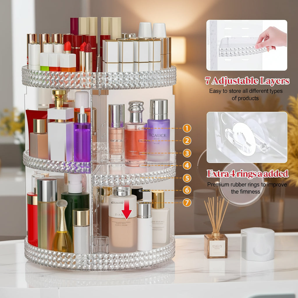 Makeup Organizer 360-Degree Rotating, Adjustable Makeup Storage, 7 Layers Large Capacity Cosmetic Storage Unit, Fits Different Types of Cosmetics and Accessories, plus Size with Makeup Bag