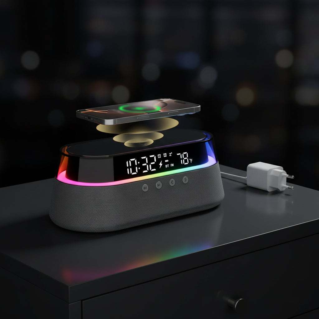 6-In-1 Smart Alarm Clock - 15W Wireless Charger, Bluetooth Speaker, FM Radio, Dual Alarm, USB Charger & RGB Night Light
