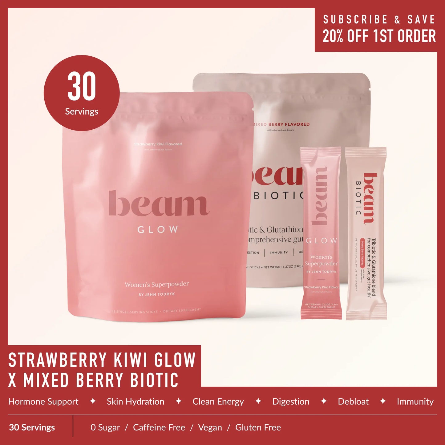 Beam Glow + Biotic Duo — 30 Single-Serve Sticks for Hormone Balance & Gut Health (Strawberry Kiwi + Mixed Berry)