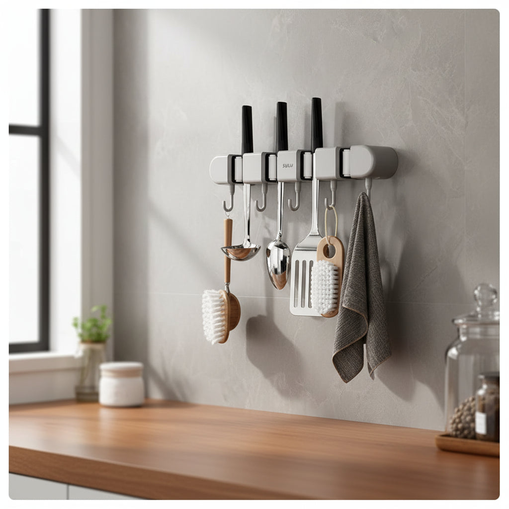 Broom Mop Holder with Hooks Wall Mounted Broom Storage Rack No Drilling Self-Adhesive Mop Broom Organizer for Bathroom