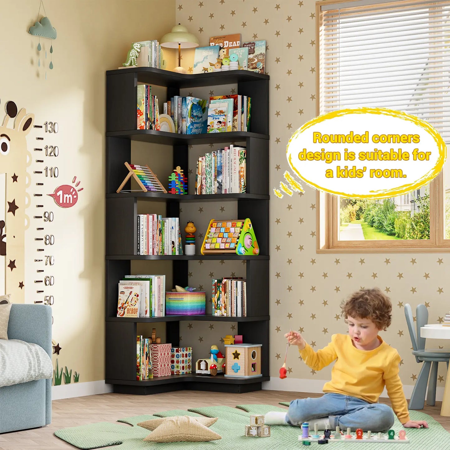 Corner Wooden Bookshelf, Freestanding L-Shaped Bookcase with Baffle, Sturdy Display Shelf Stand Furniture with Shelves for Home Office,Living Room, Bedroom