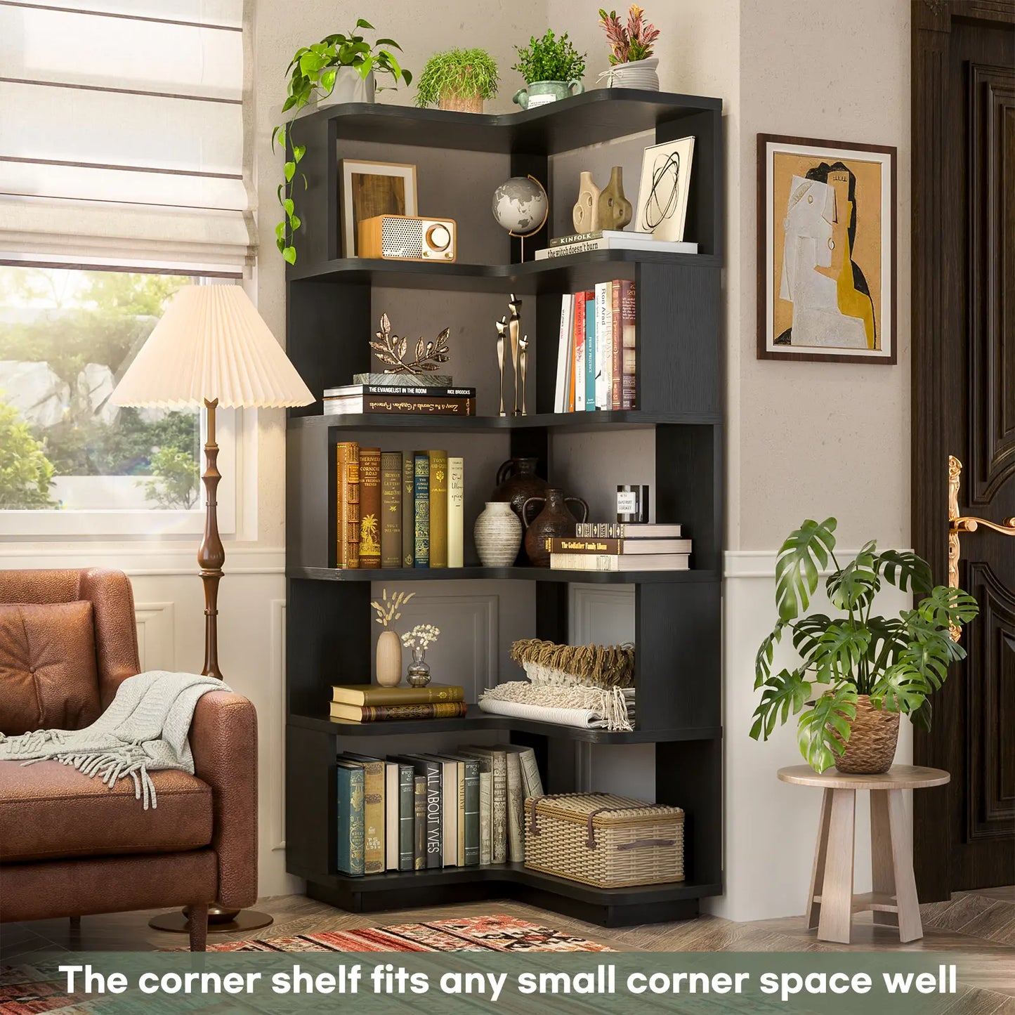 Corner Wooden Bookshelf, Freestanding L-Shaped Bookcase with Baffle, Sturdy Display Shelf Stand Furniture with Shelves for Home Office,Living Room, Bedroom
