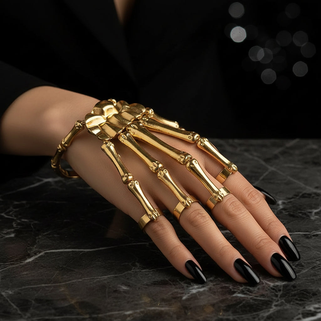 Gothic Skeleton Bone Hand Bracelet with Ring Unisex Punk Style Adjustable Metal Skull Finger Bangle Bracelet for Women Men