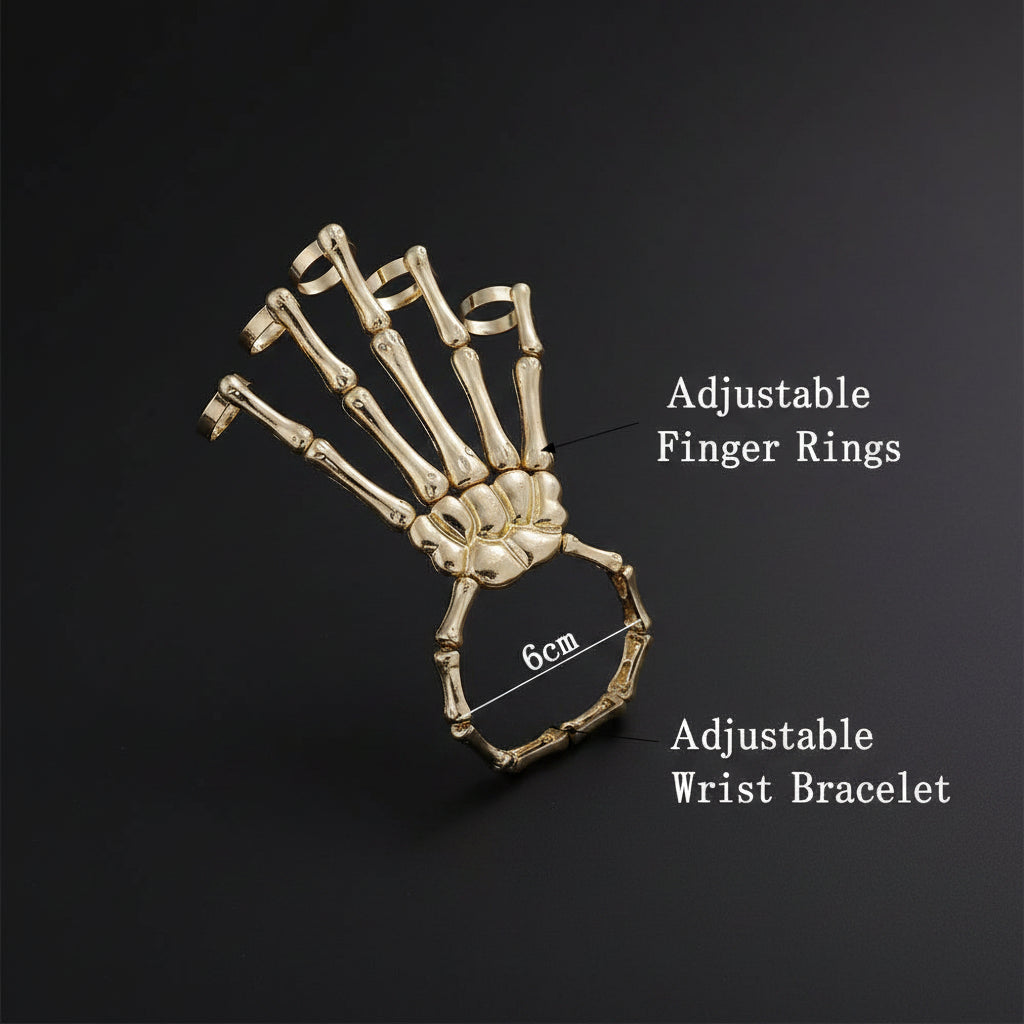 Gothic Skeleton Bone Hand Bracelet with Ring Unisex Punk Style Adjustable Metal Skull Finger Bangle Bracelet for Women Men