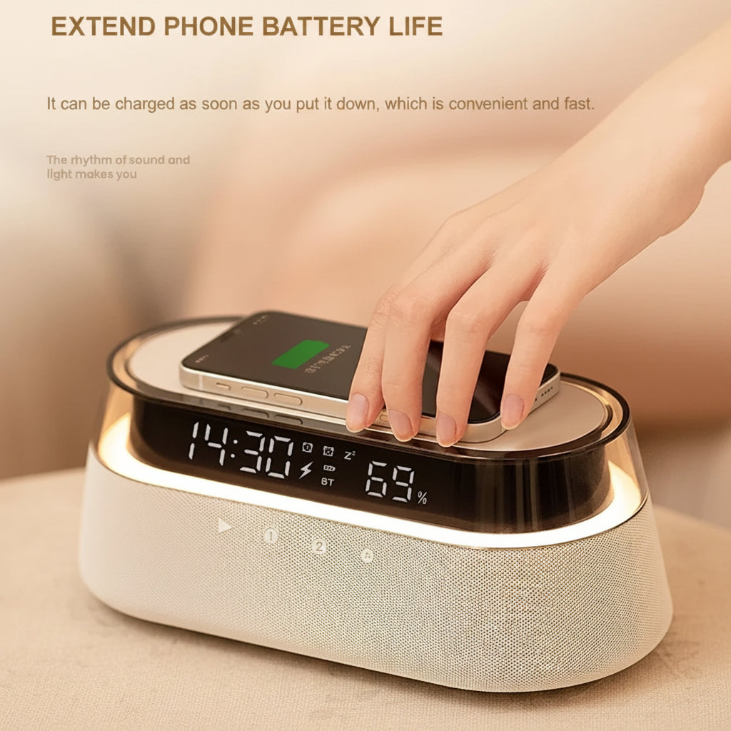 6-In-1 Smart Alarm Clock - 15W Wireless Charger, Bluetooth Speaker, FM Radio, Dual Alarm, USB Charger & RGB Night Light