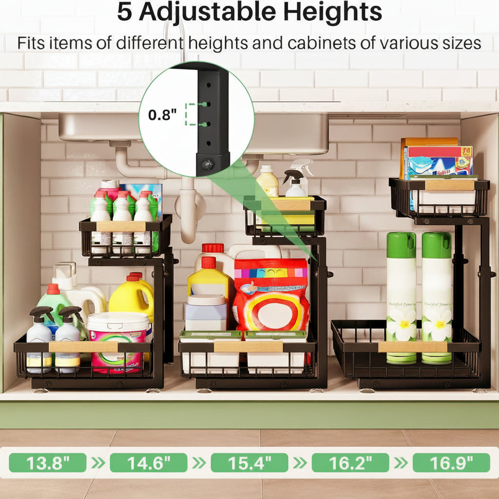 under Sink Organizer, 2 Tier under the Sink Storage, Slide Out Pull Out Cabinet Organizer Shelf, Metal Sliding Drawer for Kitchen Bathroom Pantry Closet Organization Rack, Black, 2 Pack
