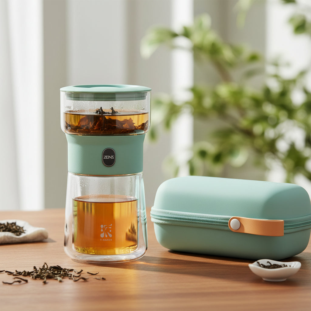 ZENS Modern Borosilicate Glass Teapot with One-Touch Infuser for Loose Leaf Tea Insulated Mug Portable Tea Kit for Office Travel Ideal Gift for Tea Lovers - Wooden
