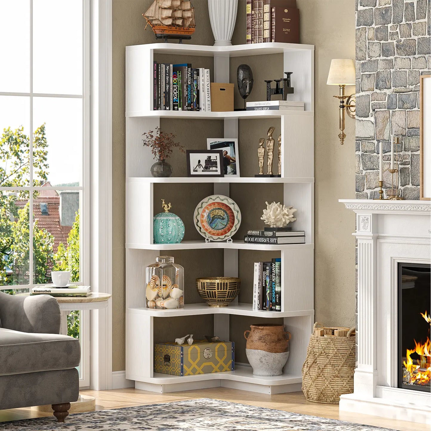 Corner Wooden Bookshelf, Freestanding L-Shaped Bookcase with Baffle, Sturdy Display Shelf Stand Furniture with Shelves for Home Office,Living Room, Bedroom