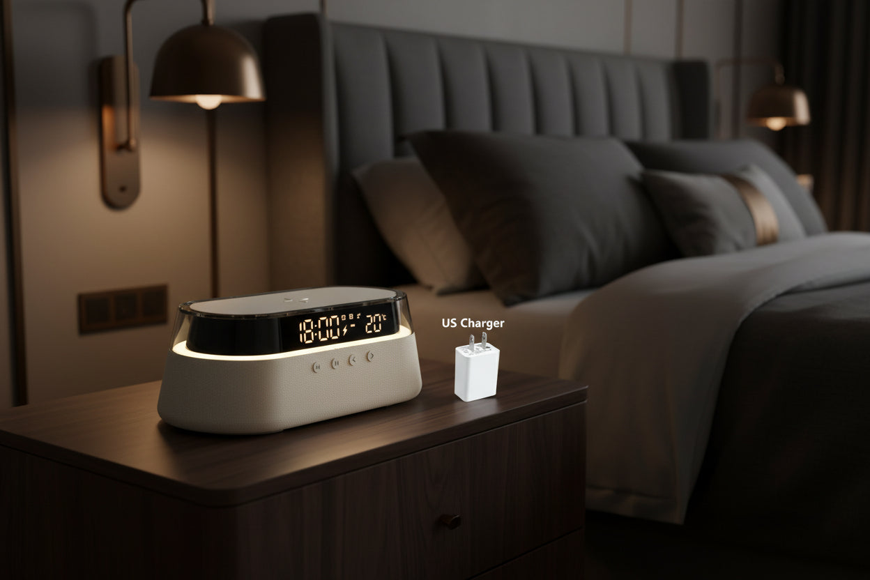 6-In-1 Smart Alarm Clock - 15W Wireless Charger, Bluetooth Speaker, FM Radio, Dual Alarm, USB Charger & RGB Night Light