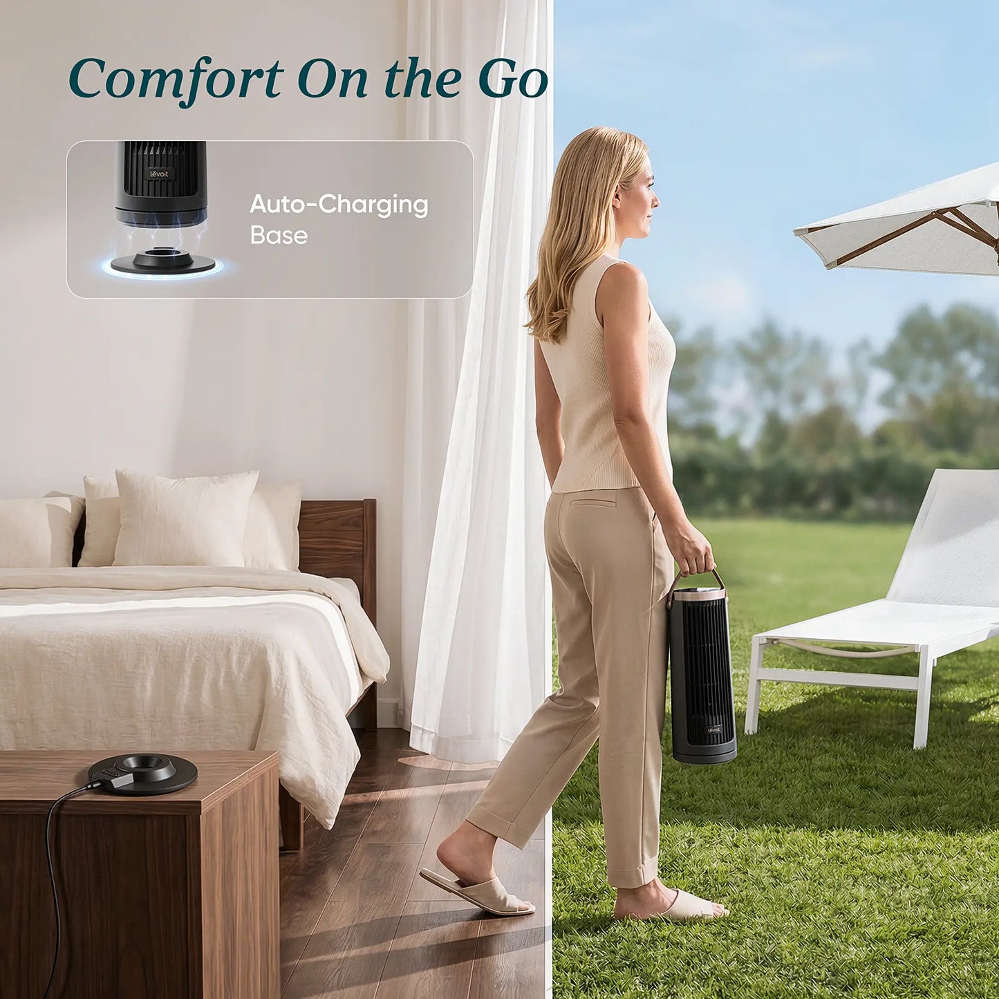 LEVOIT 2026 New Windi Tower Fan, Portable, up to 20H Runtime, 5 Speeds + Turbo, 0–90° Oscillation, 20Db Quiet DC Motor, 23 Ft/S Airflow, Night Light, Foldable Charging Base, Timer 2/4/8/12H, Cooling Fan, Cordless Fan, Summerwins
