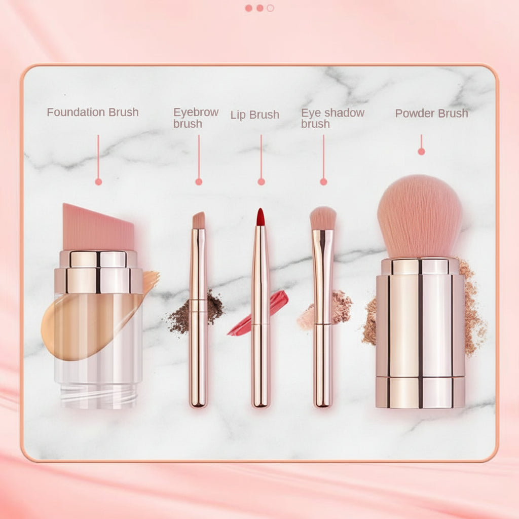 5-in-1 Portable Retractable Makeup Brush Set – Compact Cosmetic Tools for Foundation, Eyebrows, Lips, Eyeshadow & Powder 💄✨