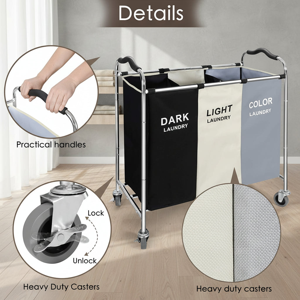 Laundry Basket with Wheels, 240L Laundry Hamper with 3 Section Laundry Bag for Dirty Clothes, Dorm Room Essentials, Towel Organization & Toys Storage Laundry Cart in Laundry Room Organization