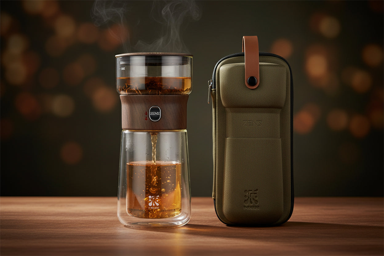 ZENS Modern Borosilicate Glass Teapot with One-Touch Infuser for Loose Leaf Tea Insulated Mug Portable Tea Kit for Office Travel Ideal Gift for Tea Lovers - Wooden
