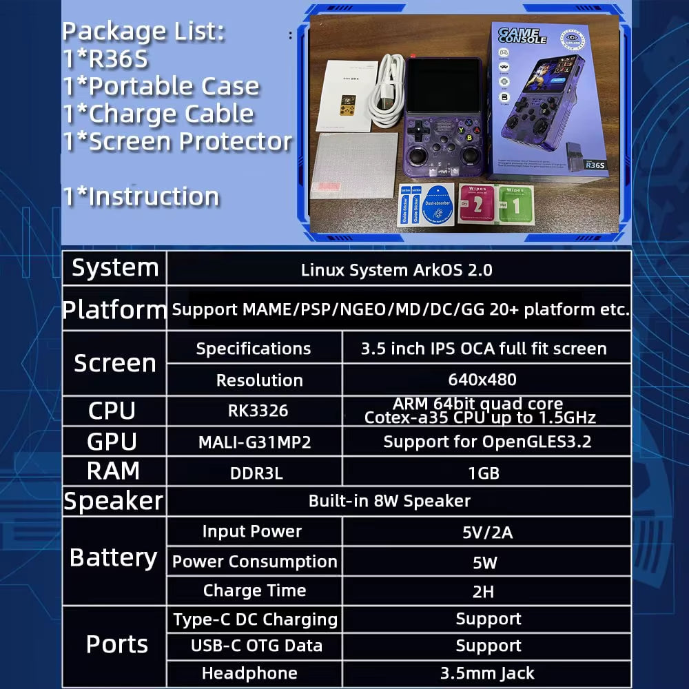 R36S Retro Handheld Game Console – 3.5" Pocket Video Player with 20,000 Games, 64GB/128GB Storage & Arkos 2.0 System 🎮✨