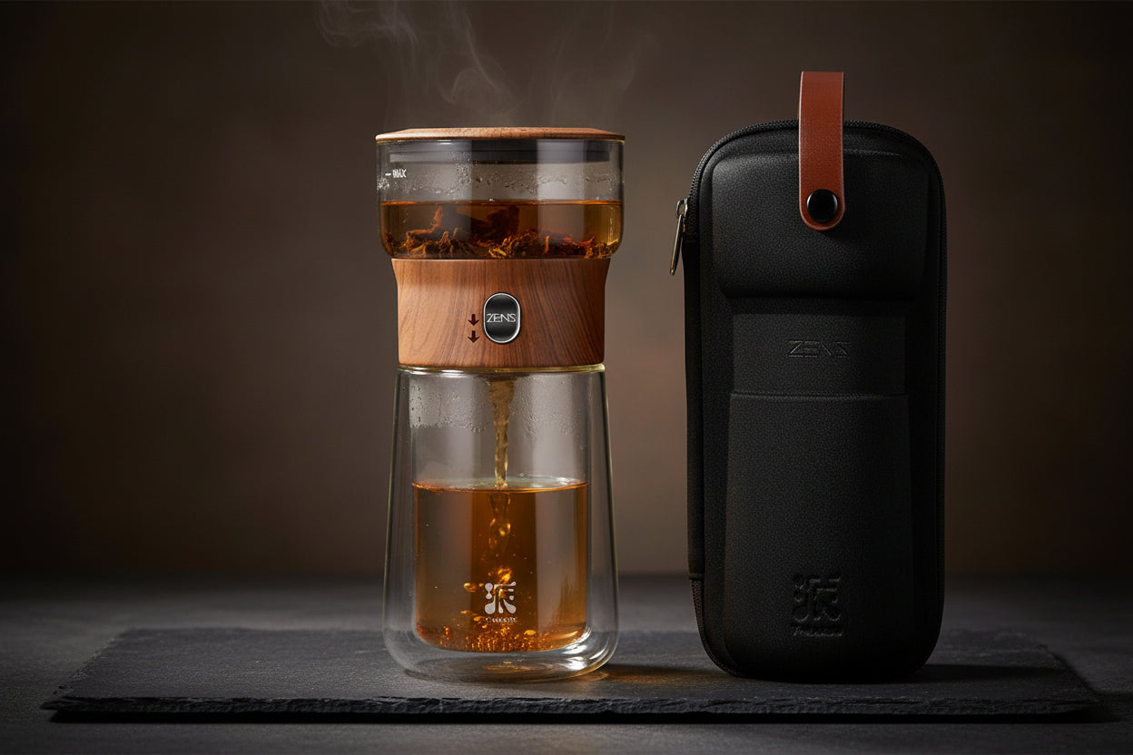 ZENS Modern Borosilicate Glass Teapot with One-Touch Infuser for Loose Leaf Tea Insulated Mug Portable Tea Kit for Office Travel Ideal Gift for Tea Lovers - Wooden