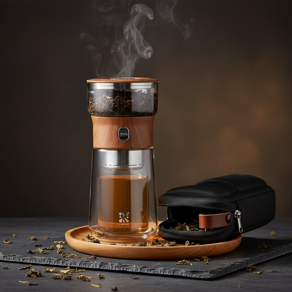 ZENS Modern Borosilicate Glass Teapot with One-Touch Infuser for Loose Leaf Tea Insulated Mug Portable Tea Kit for Office Travel Ideal Gift for Tea Lovers - Wooden
